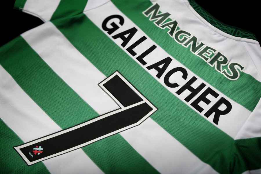Image showing the offiical SWPL league font on a Celtic jersey